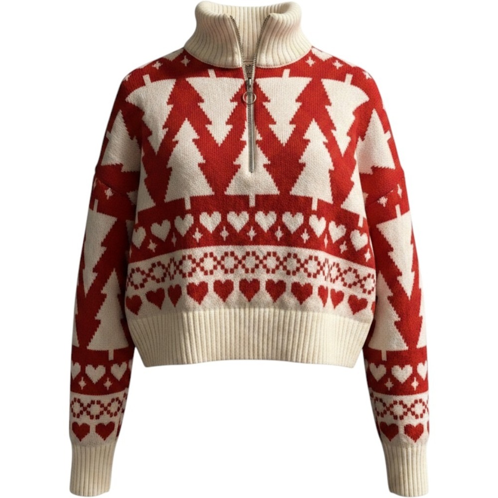 Jessica Simpson Sweater L Red Christmas Tree Print Mock‎ Knit 1/4 Zip Pullover